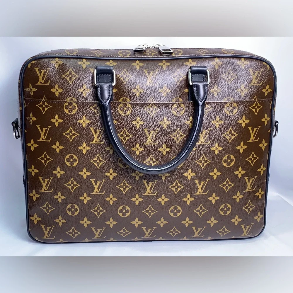 LOUIS VUITTON Monogram Macassar Soft Briefcase Silver Black
